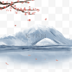 雪雪山图片_水彩日式雪山樱花