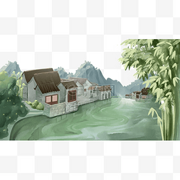 农村各种房建筑图图片_水彩风格绿色诗意中国风古镇风景