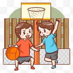 户外篮球场男孩们打篮球
