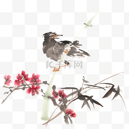 竹枝上的小鸟水墨画PNG免抠素材
