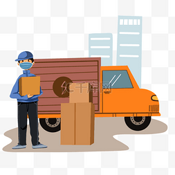 蓝色小包图片_手绘卡通橙色货车送货服务元素