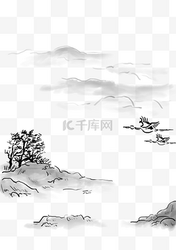 中国风水墨山水黑白图片_中国风黑白山水水墨风插画PNG