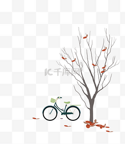 红色单车图片_单车枫树落叶