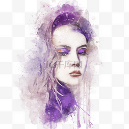 水彩女人图片_紫色流动水彩女人肖像喷溅插画手