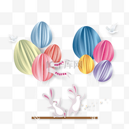 卡通兔剪纸图片_复活节可爱兔子彩蛋气球秋千剪纸