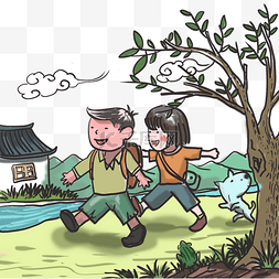 卡通开心小朋友图片_踏青主题春季风景卡通手绘漫画风