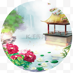 荷花建筑图片_牡丹亭子山水风景