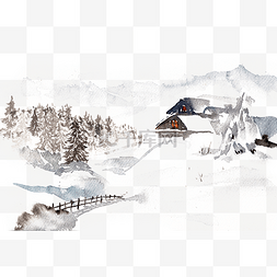 水彩画雪中的房屋