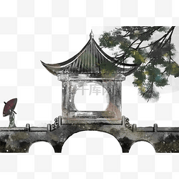 成都旅游河廊桥图片_手绘古镇桥和亭子