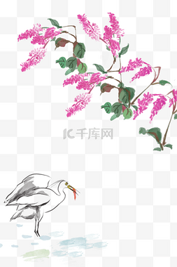 古风水墨淡彩花卉蓼花和鸟