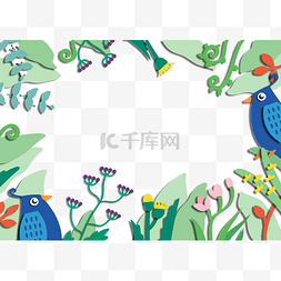 春季剪纸风格图片_花鸟边框蓝鸟野趣