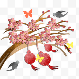 新年花枝装饰红梅鸟雀红灯笼中国