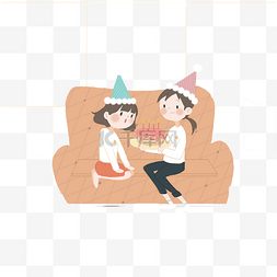 二人女孩坐在沙发上过生日免抠图