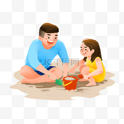 开心游玩图片_爸爸和女儿沙滩开心玩沙子