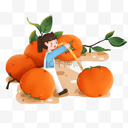 秋季丰收水果之吃柿子的女孩