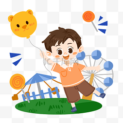 六一气球卡通图片_儿童节卡通男孩在游乐场玩耍PNG素