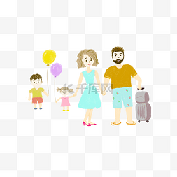 拉行李箱旅行图片_手绘六一儿童节全家拉行李箱旅游