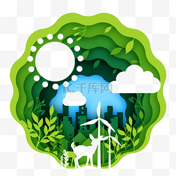 云朵剪纸图片_绿色环保森林麋鹿剪纸元素