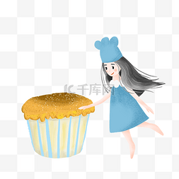 简约吃蛋糕的女孩插画海报免抠元
