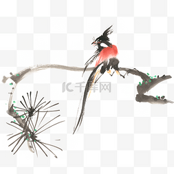 免费国画PSD分层素材图片_松树上的小鸟水墨画PNG免抠素材
