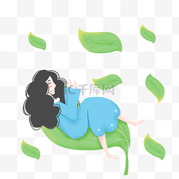 卡通女孩唯美可爱图片_夏天睡在树叶上的女孩