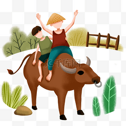 清明节坐牛上的两个小孩插画