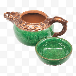 绿釉紫砂茶壶茶碗