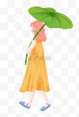 下雨打伞的女孩图片_用荷叶打伞的小女孩