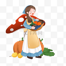 秋季丰收怀抱各种水果蔬菜的女孩