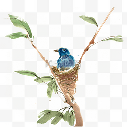 蓝色水墨画图片_鸟巢里的小鸟