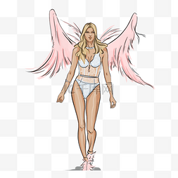 时尚服装女孩图片_粉红色的翅膀模型走秀手绘制的内