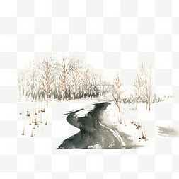冬季雪景手绘图片_冬季的河流与树林