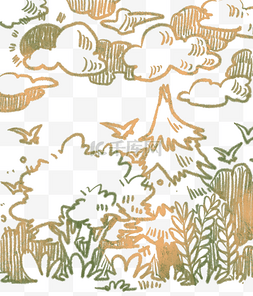 手绘森林天空图片_线条森林底纹印花