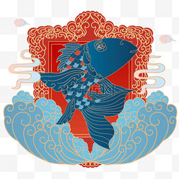 蓝色鲤鱼边框装饰云朵中国节日装