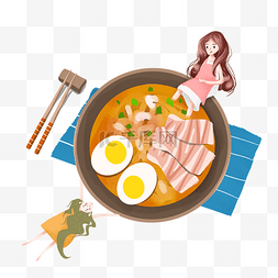 手绘日本料理图片_简约喜欢拉面的女孩插画海报免抠