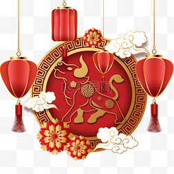 牛红色图片_新年春节红色灯笼庆祝