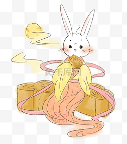 中秋素材背景图片_中秋节品尝大月饼的白兔仙子PNG