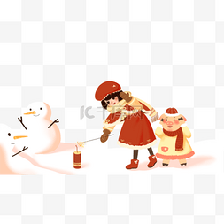 手绘卡通雪地上放鞭炮的女孩和小