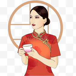 国潮旗袍美女喝茶