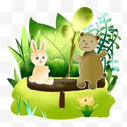 卡通小熊兔子图片_教育培训绿色可爱兔子小熊