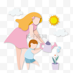 卡通温馨蓝色图片_母亲节孩子浇花温馨立体剪纸