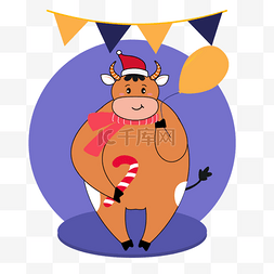 动物卡通鼻子图片_卡通手绘圣诞牛彩旗插画