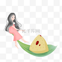 食物海报素材图图片_简约吃粽子的女孩插画海报免抠元