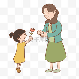 母女拥抱图片_母亲节送花给妈妈插画免抠元素下