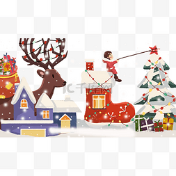 圣诞节雪靴子图片_圣诞雪中嬉戏的小女孩和麋鹿