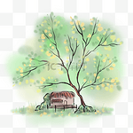 中国风水墨春天树下的房子