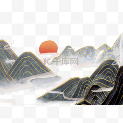 水墨手绘山水图片_手绘水墨风金线山水