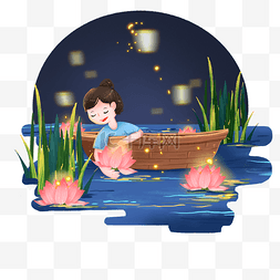 放孔明灯的女孩图片_中元节乘船水中放荷花灯的女孩