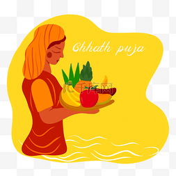 手绘黄色印度日神节chhath puja插画