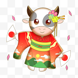 折扇折扇图片_穿着和服跳舞恭贺日本新年的牛